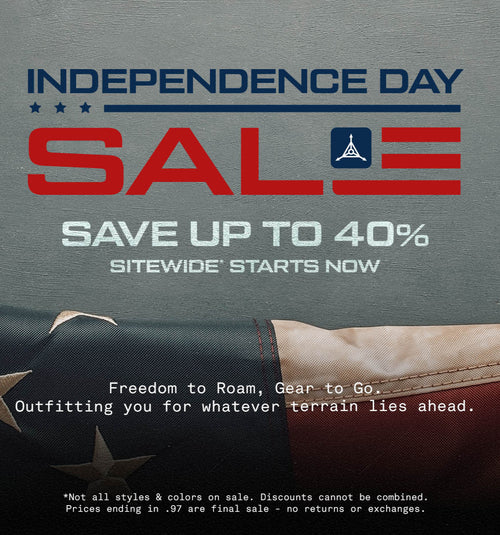 Promotional banner for Independence Day Sale with American flag and text on a dark background